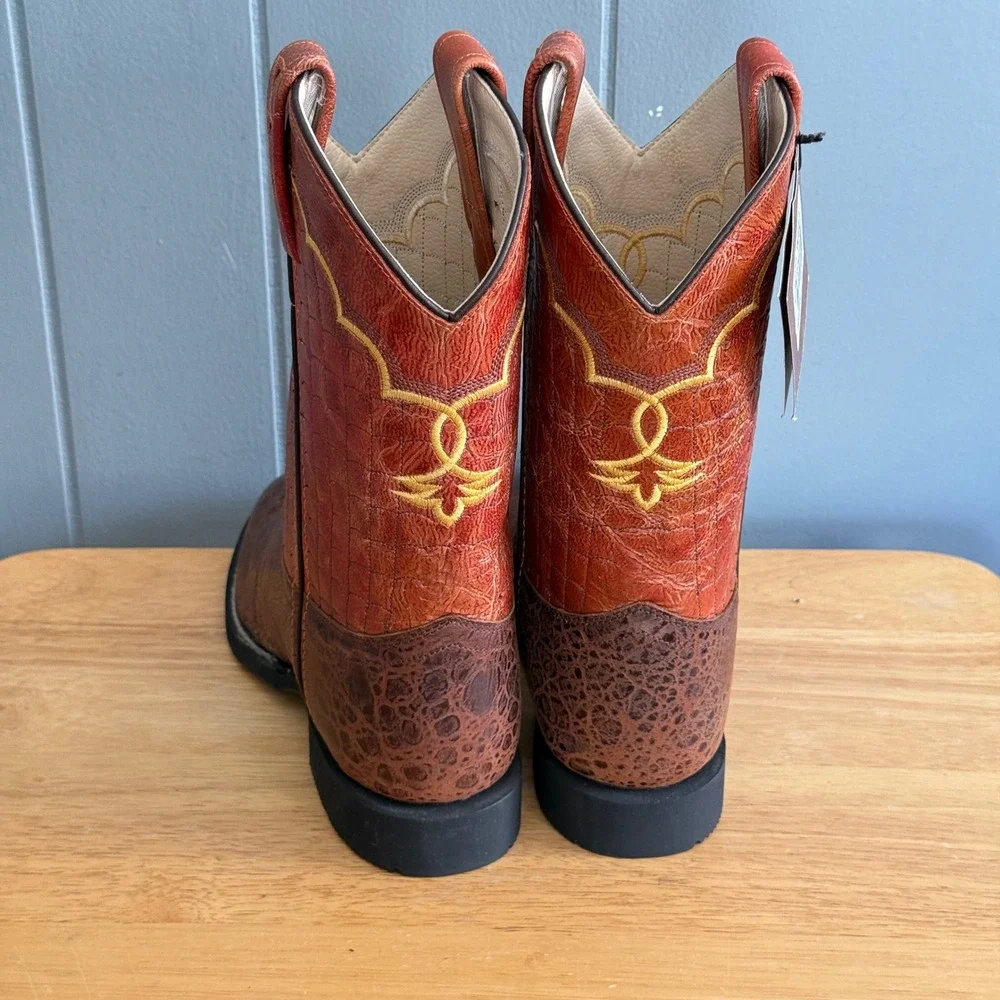 NWT Old West CW2522Y Brown Orange Leather Youth Cowboy Boots Sz 6‎ Fits Wmns 8